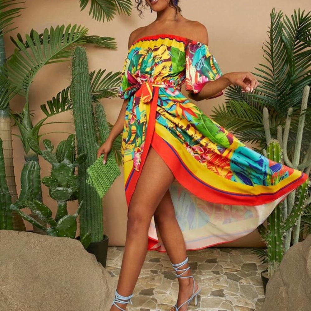 SHEIN Vibrant Off-Shoulder Tropical Dress NWT XS Animal floral beach cover up